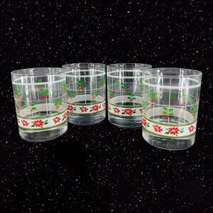 Libbey Poinsettia Christmas Holly Berry Old Fashion Drinking Glasses‎ Set 4 VTG